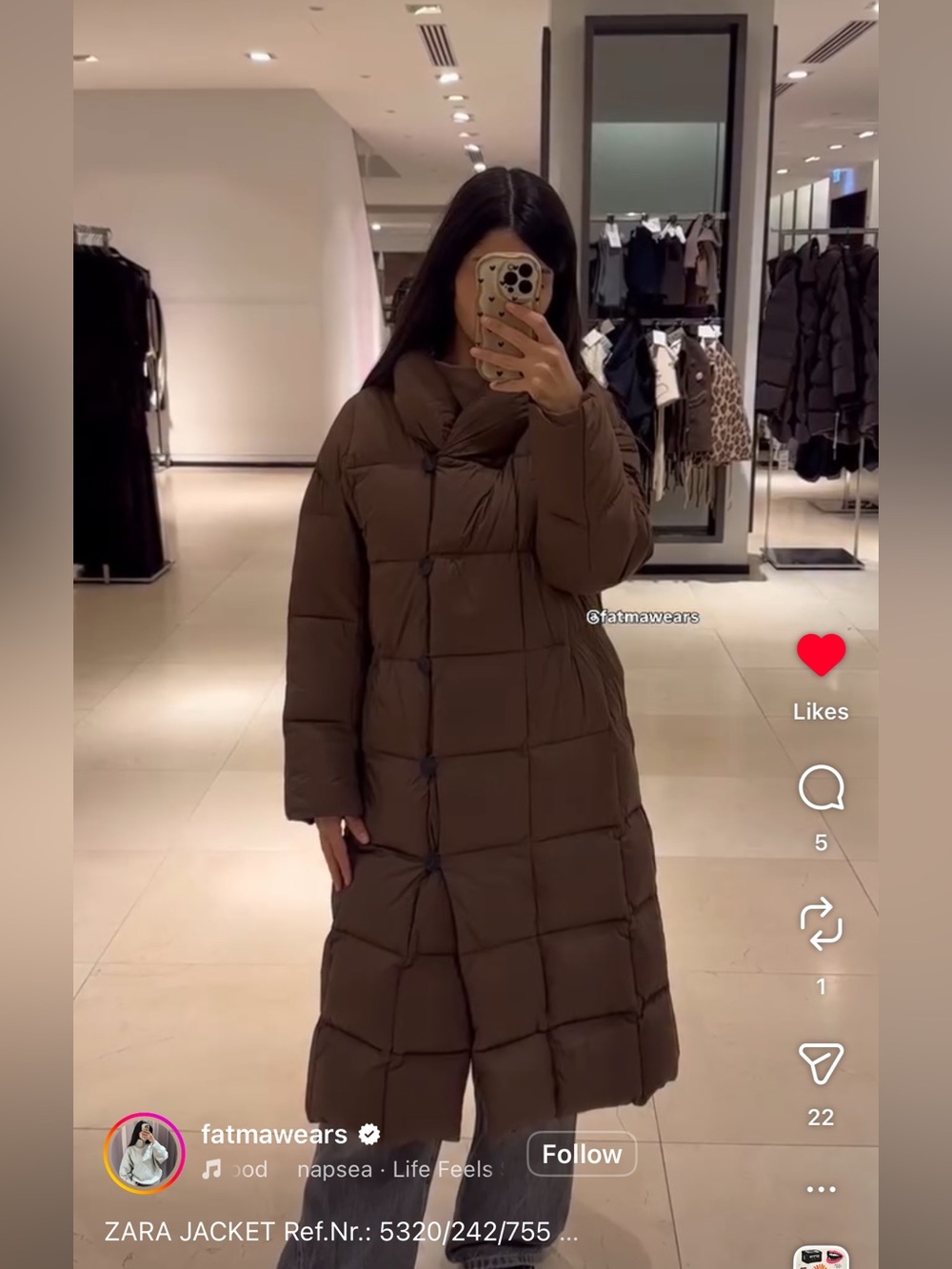 ZARA Brown Long Quilted Puffer Coat